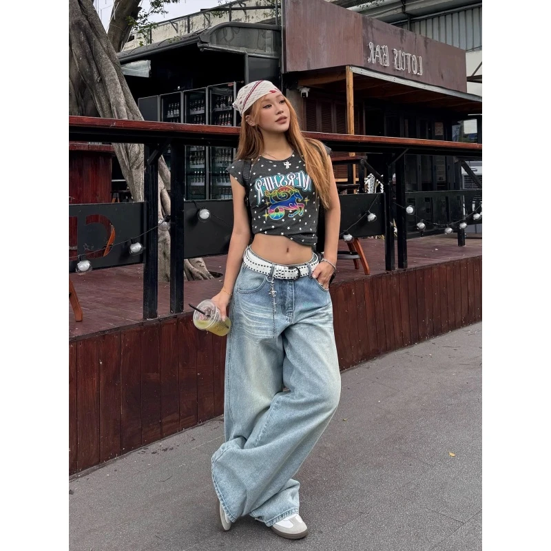 美式街头水洗浅蓝色弯刀牛仔裤女慵懒宽松显瘦高腰垂感拖地阔腿裤