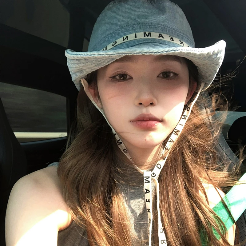 【猫仔kitten】牛仔绑带渔夫帽女韩国气质设计感遮阳帽夏季帽子