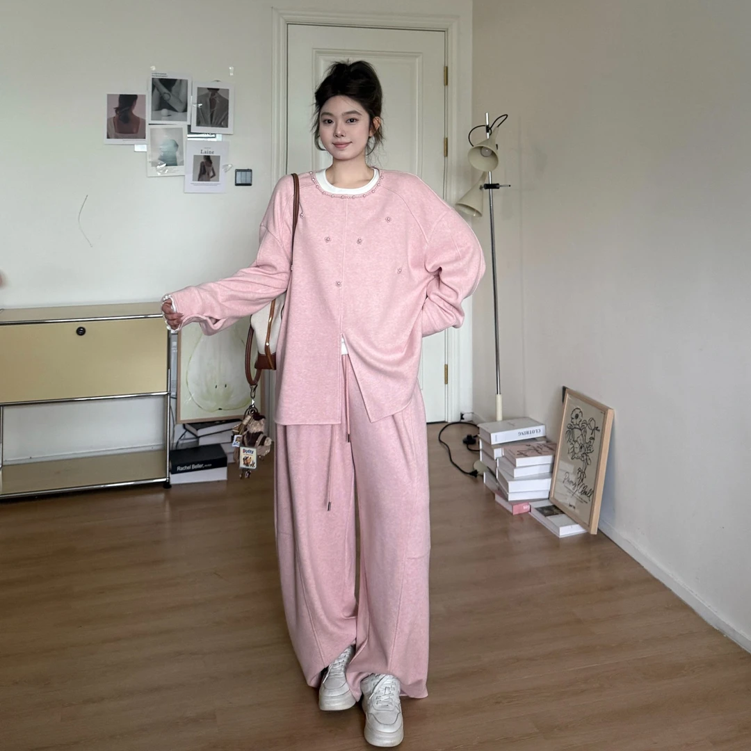 晶咕软软【白茶情书】韩系慵懒风领口立体串珠重工长袖T恤+休闲裤