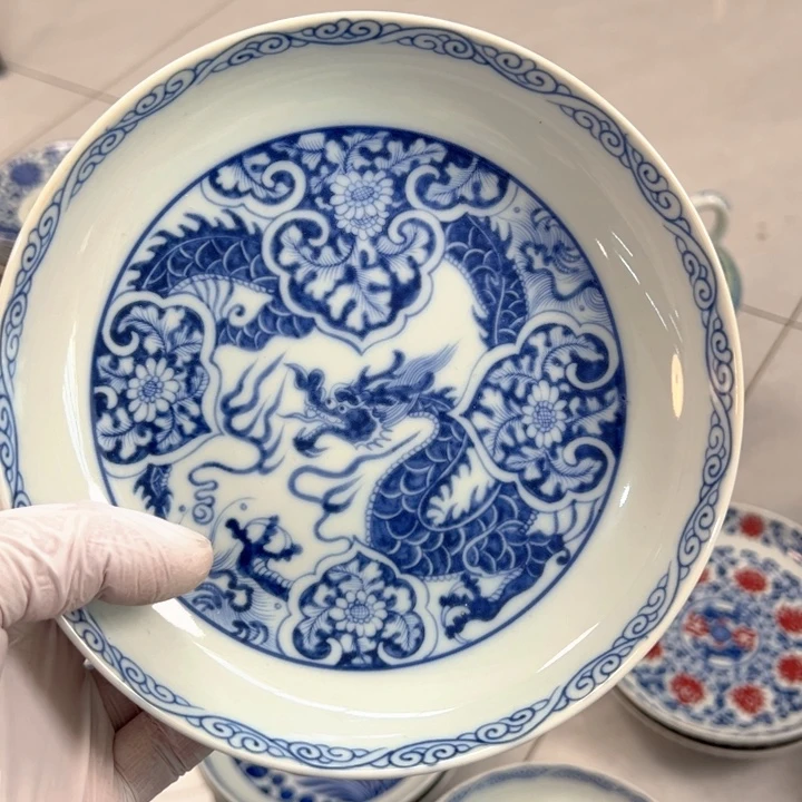 瓷片白青花穿花龙大壶承全品