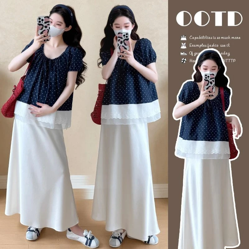 孕妇装夏装套装新款时尚韩版蕾丝拼接方领短袖衬衣显瘦缎面半身裙