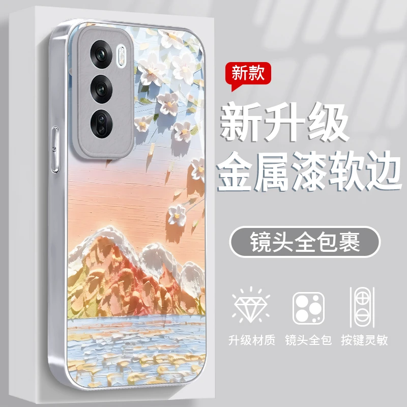 雪山樱花适用于OPPO Reno12手机壳金属漆玻璃全包防摔个性女款ins