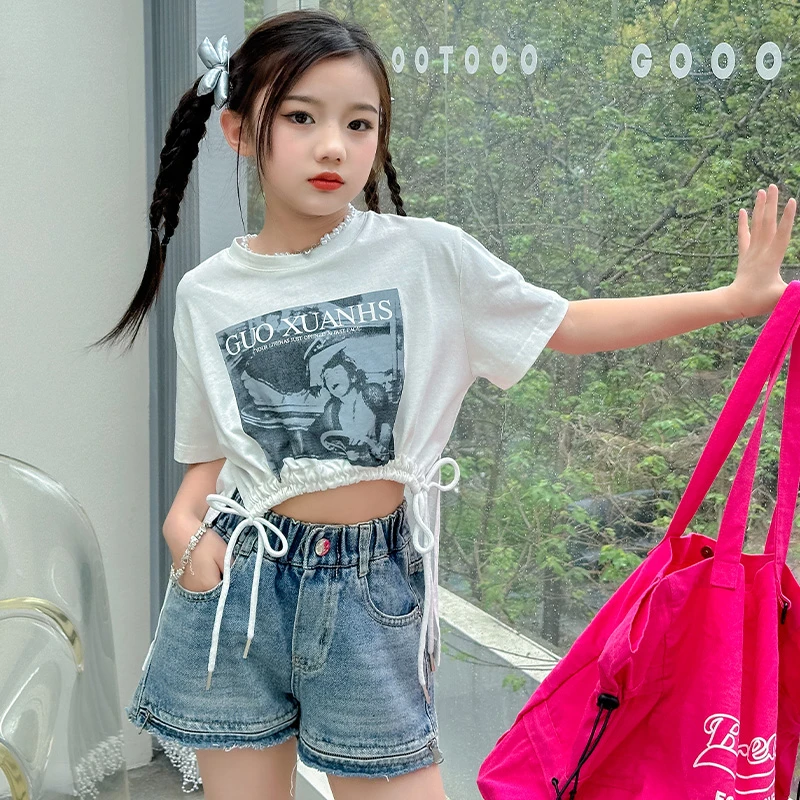 女童夏季时尚不规则个性抽绳设计感T恤2025新款中大儿童半袖上衣