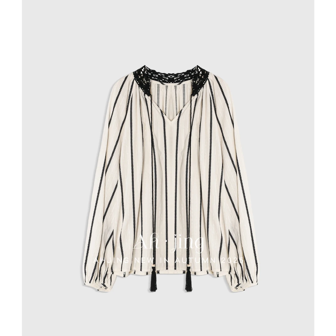 Ah·Jing梓静【香榭丽舍】 竖条肌理提花撞色钩针系带流苏衬衫0606