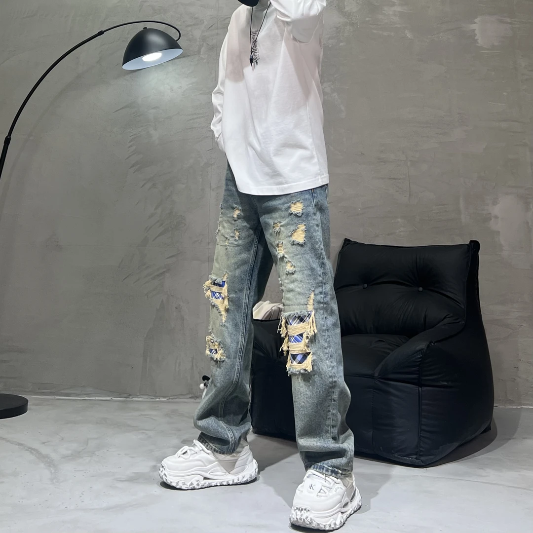 秋季美式高街印花水洗牛仔裤春秋季补丁水洗破洞复古做旧直筒裤
