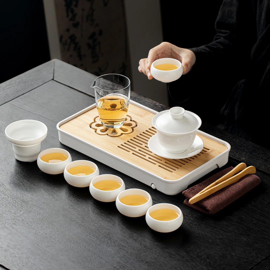 唐仙羊脂玉瓷旅行茶具套装户外便携式单人泡茶装备全套带盘快客杯
