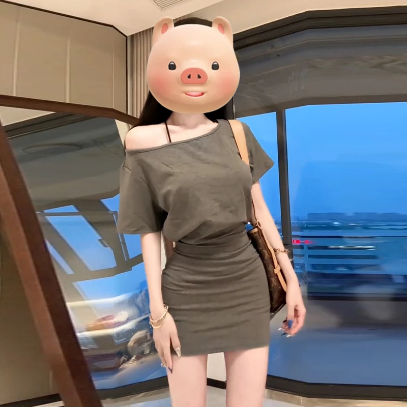 独特漂亮掐腰T恤裙2025新款巨好看的气质露肩包臀连衣裙子女夏季