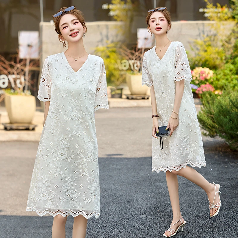 法式小香风蕾丝连衣裙女2025夏季新款名媛气质减龄宽松中长款裙子