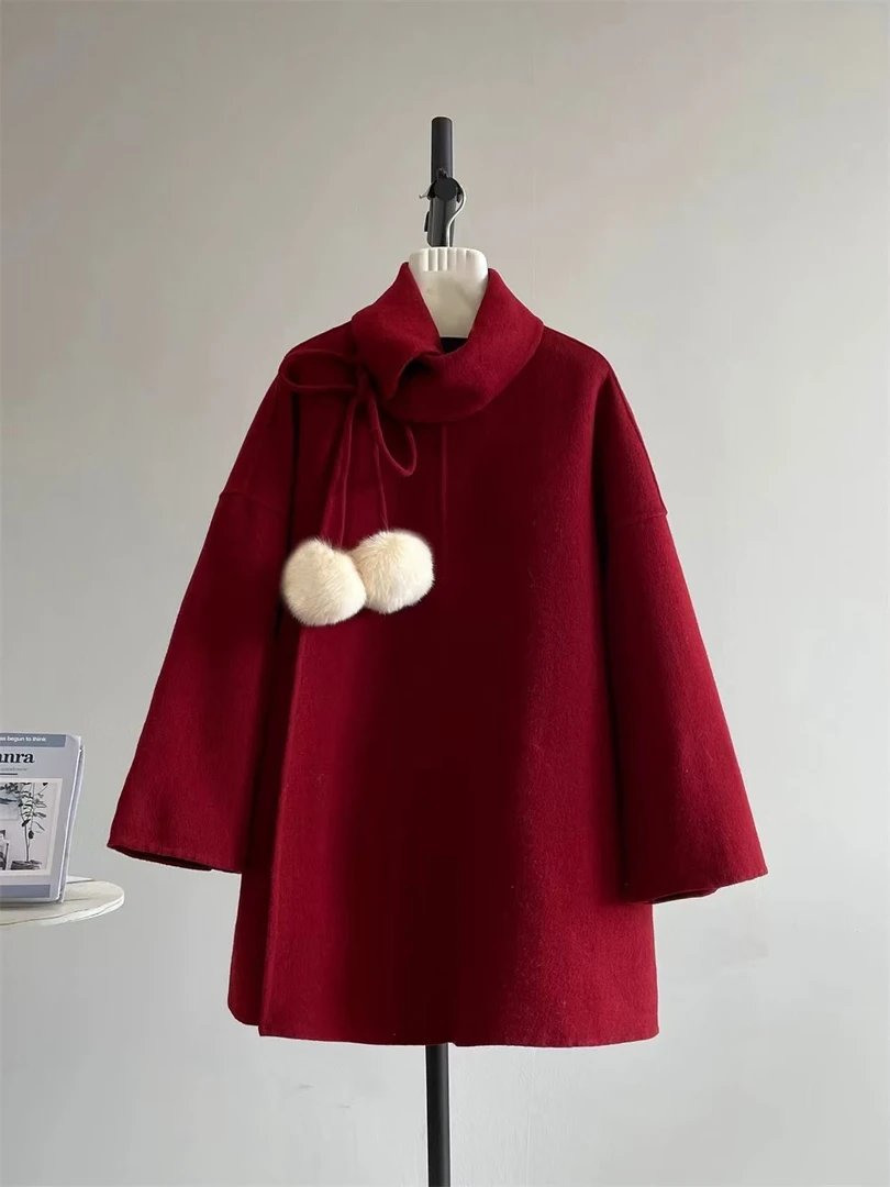 SHI JIAN【绒球】韩版小个子双面百搭羊毛大衣