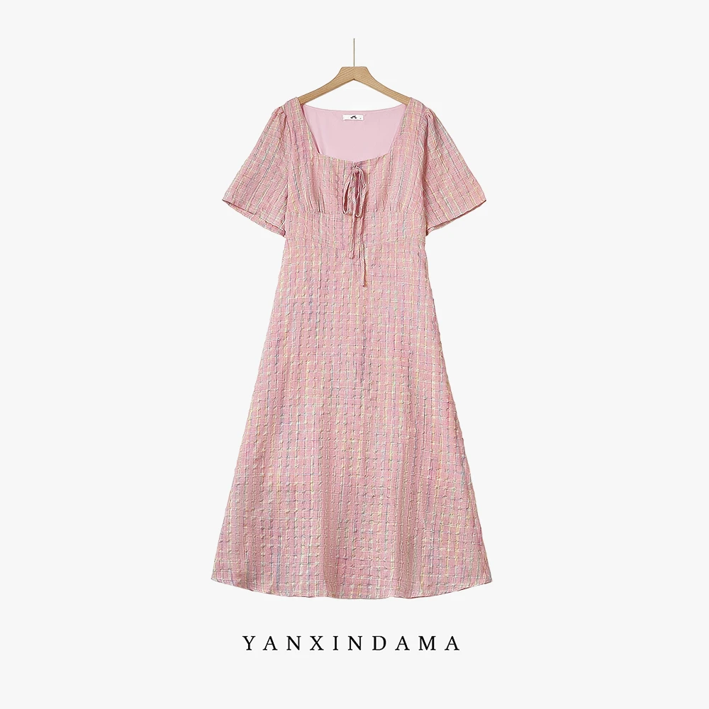 大码女装300斤胖MM时尚粉色方领格纹系带显瘦短袖连衣裙66990