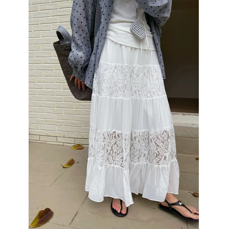 高腰松紧镂空蕾丝拼接半身裙女垂感白色长裙百搭夏季垂坠感 1611
