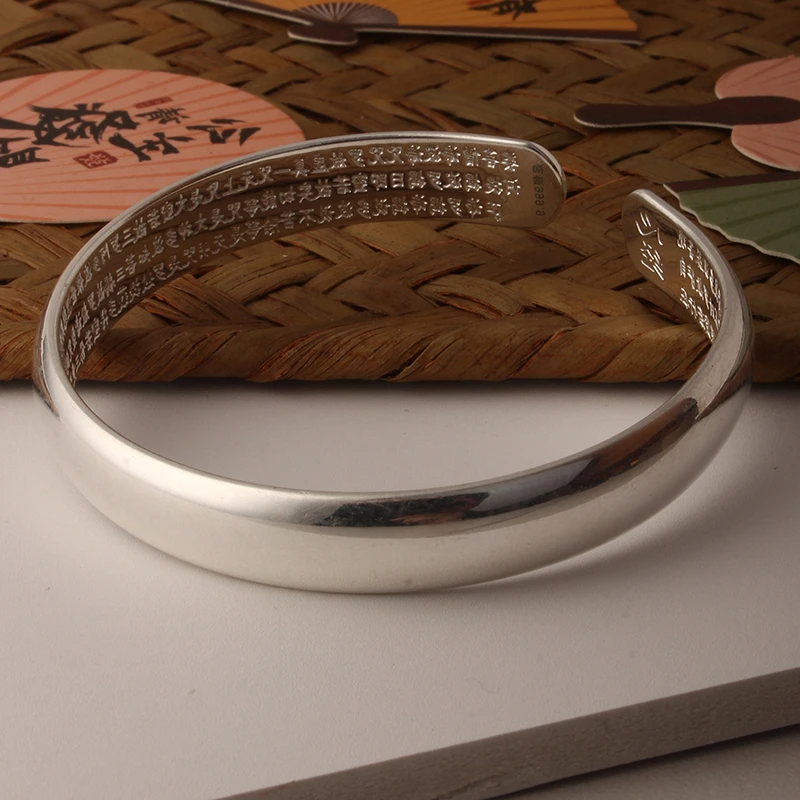 足银手镯 足银999.9开口实心贵妃心经手镯送女友时尚百搭礼物