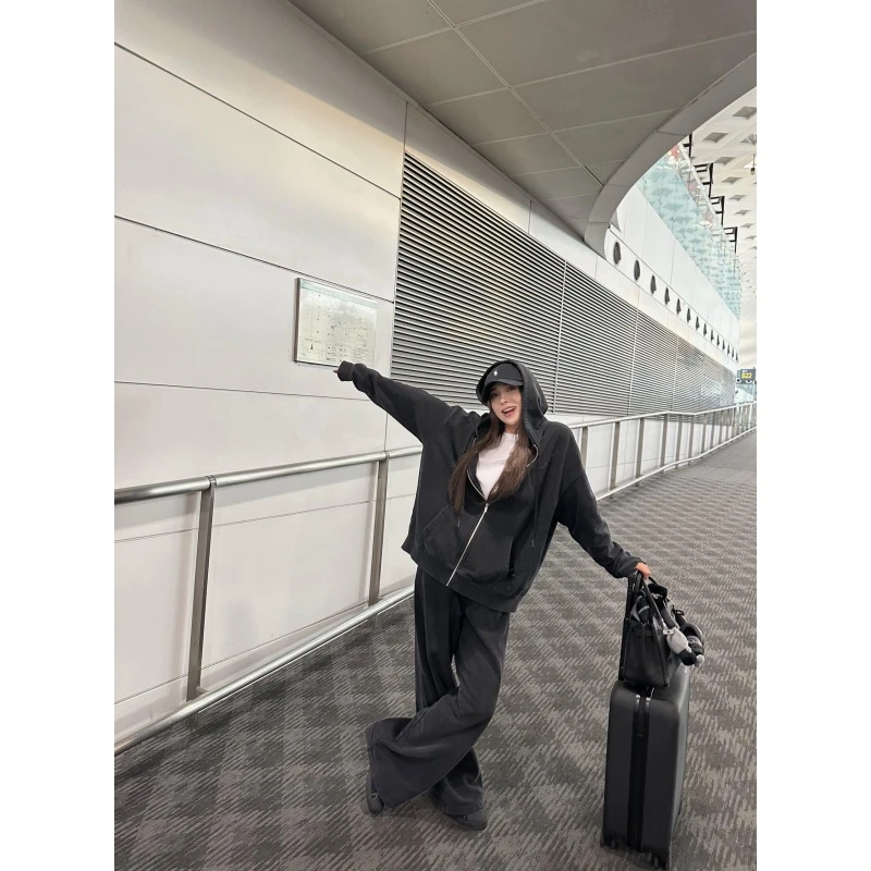 慵懒风宽松连帽百搭卫衣外套女秋季高腰垂感显瘦休闲阔腿裤两件套