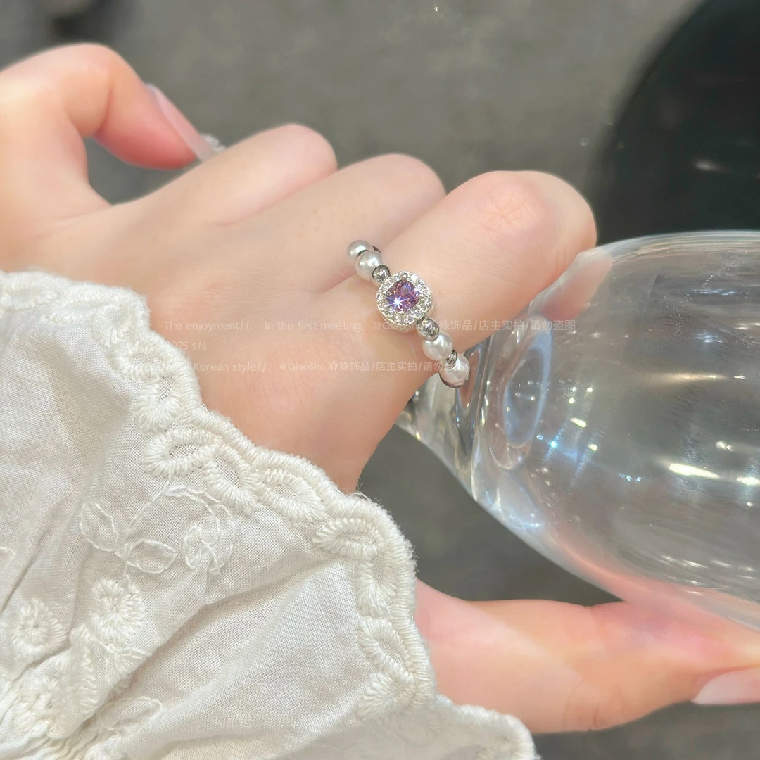 铜合金合成锆石戒指 C499轻奢方糖曼塔玫瑰紫珠珠戒指少女精致