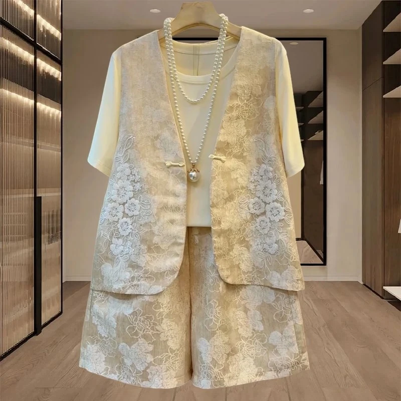 2025超火夏装一整套女士高级感国风新中式提花马甲t恤短裤三件套