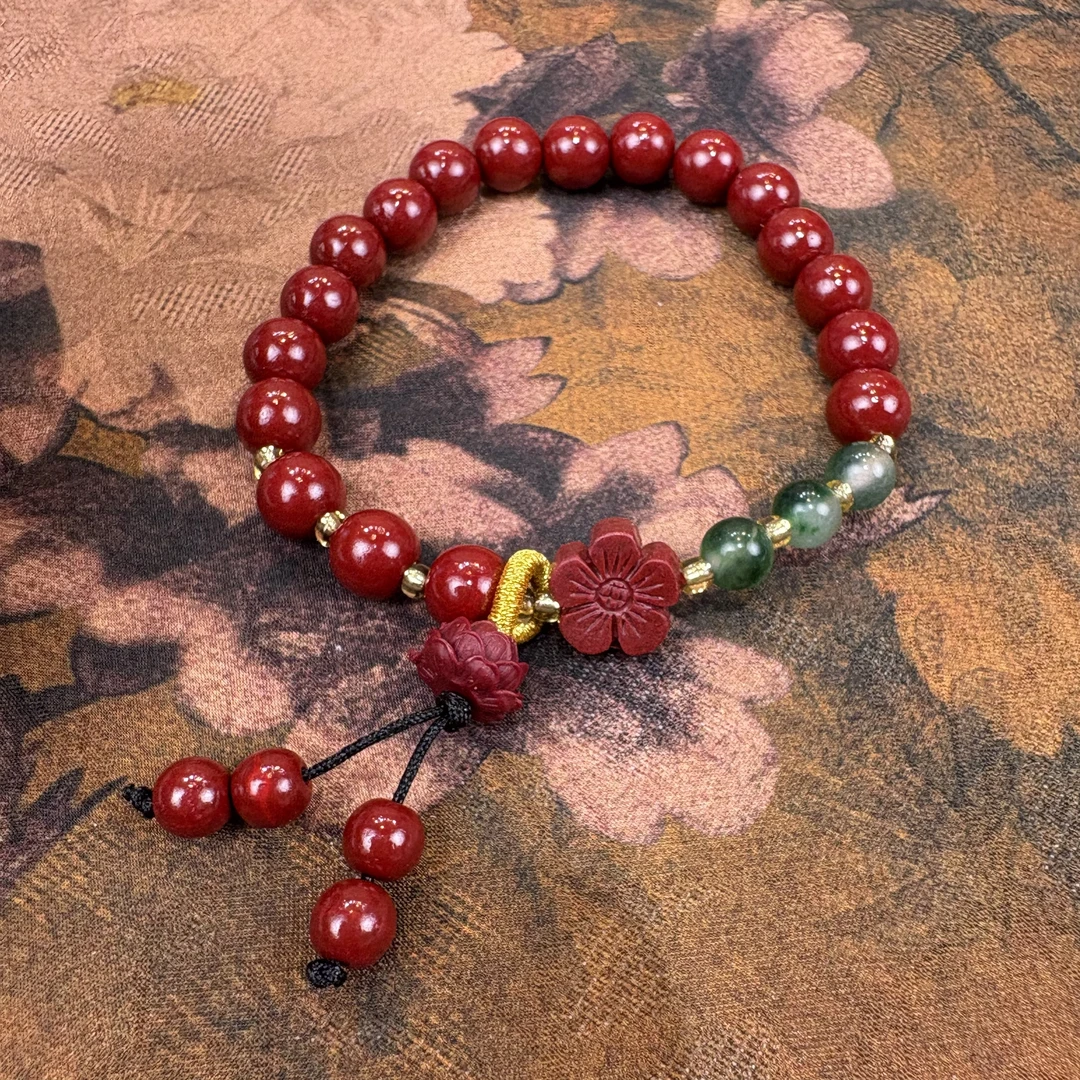 天然辰砂S0993 辰砂单圈并蒂花开手串
