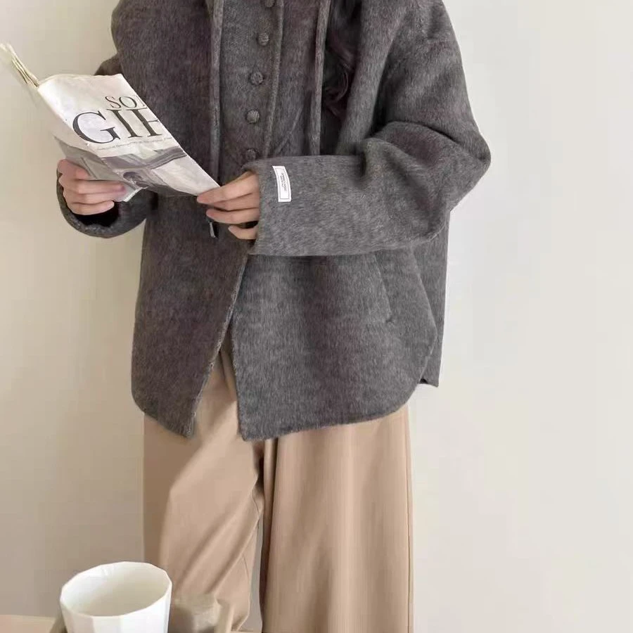 秋冬新款小个子连帽短款双面呢外套韩版风格