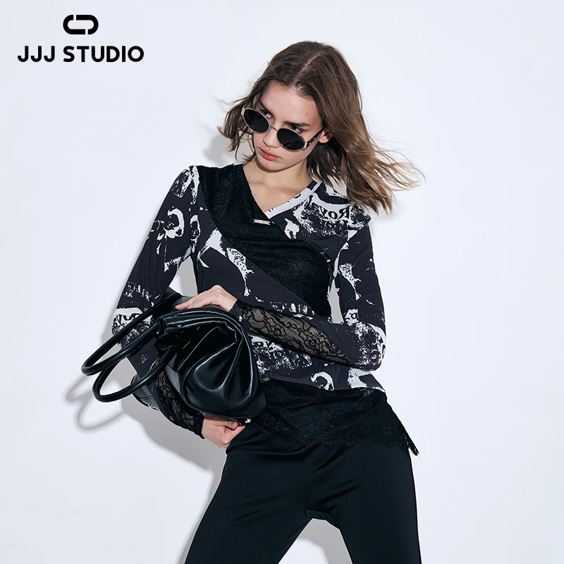 JJJ STUDIO 花色蕾丝交叉拼接小V领涂鸦印花时尚上衣女JDWWS1N008