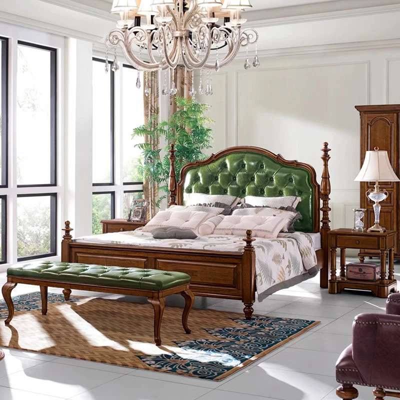 美式轻奢真皮床别墅实木床主卧双人大床胡桃木高端大气实木绿色皮