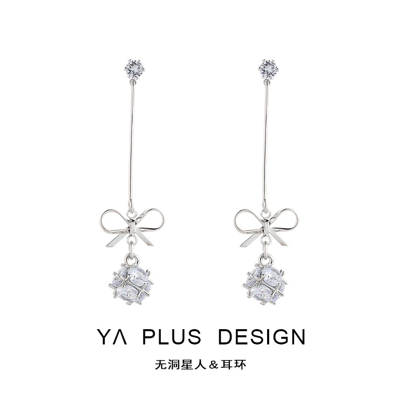 长款蝴蝶结耳环高级感轻奢气质简约锆耳饰耳钉蚊香盘无耳洞耳夹