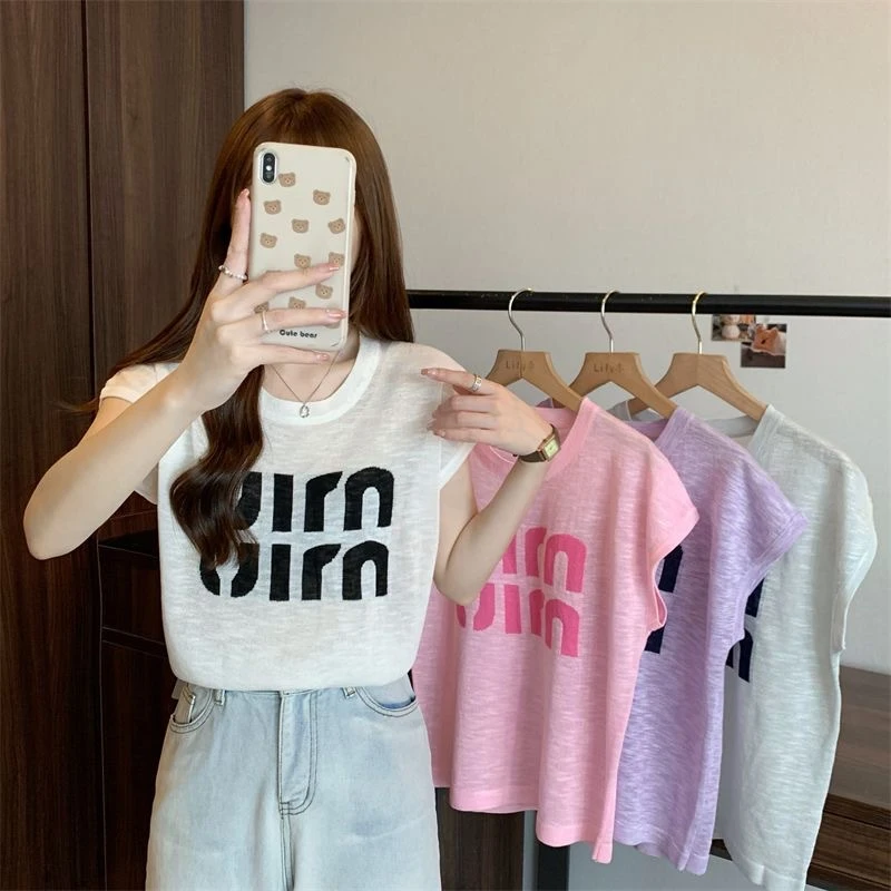 百感短袖针织衫女夏季薄款宽松外穿字母提花纯欲清凉百搭上衣女潮