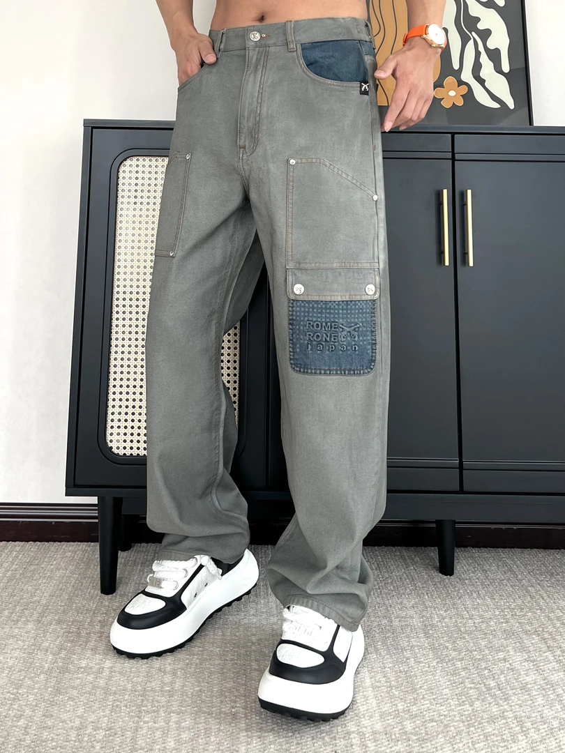 《国际行》2025春夏新款水洗大牌做旧拼接时尚工装微阔牛仔R6306