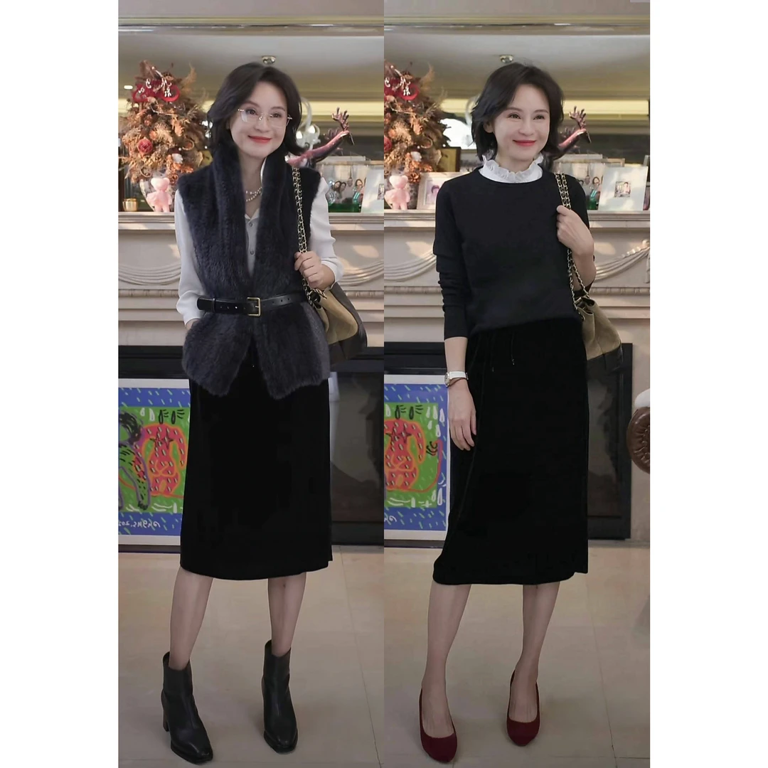 我是摩羯黑标黑金丝绒半裙 6A级100桑蚕丝绒毛复古H型秋冬裙子