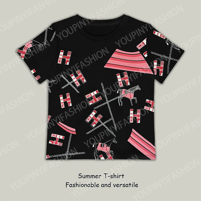 短袖T恤女2025夏季新款重工满印印花烫钻时尚显瘦圆领上衣女8401#