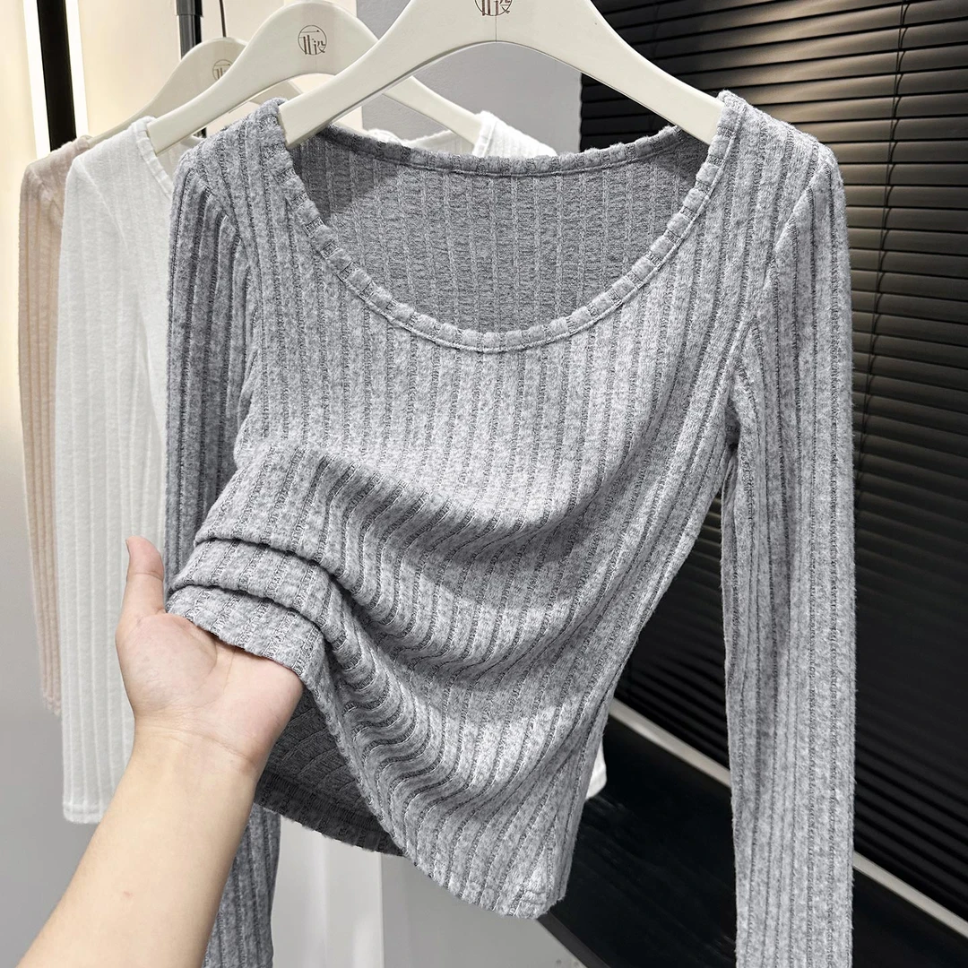 韩版花灰色长袖坑条针织衫2025冬季新款磨毛修身保暖叠穿打底上衣