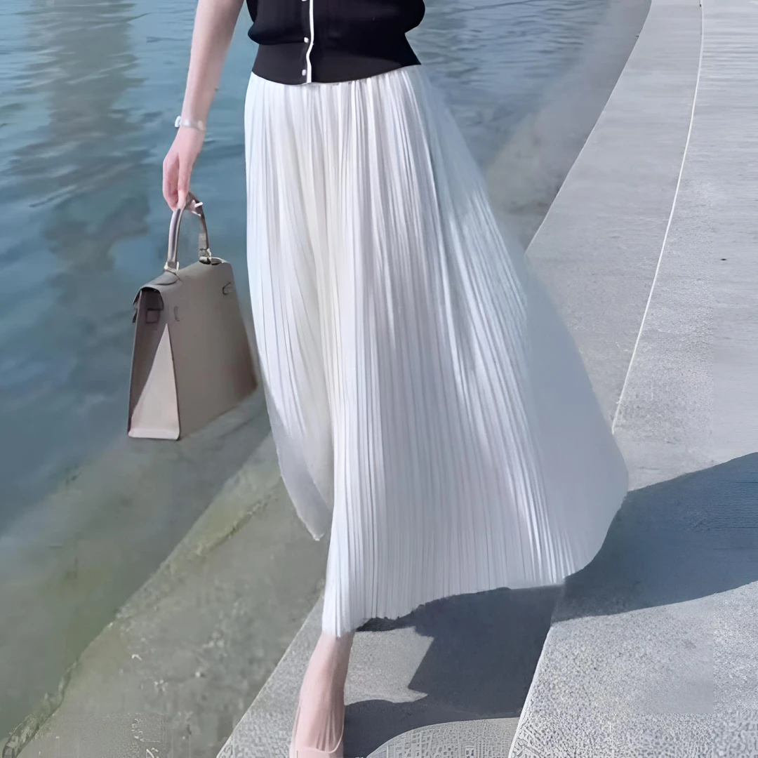 2025夏季新款高腰垂感A字百褶裙中长款气质宽松遮跨显瘦半身裙白