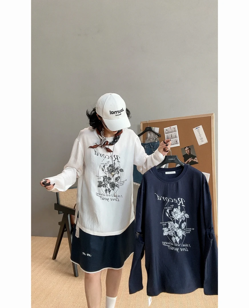 现货JR真丝 设计师品牌25夏蕾丝袖拼接浪漫花朵印花桑蚕丝防晒t恤