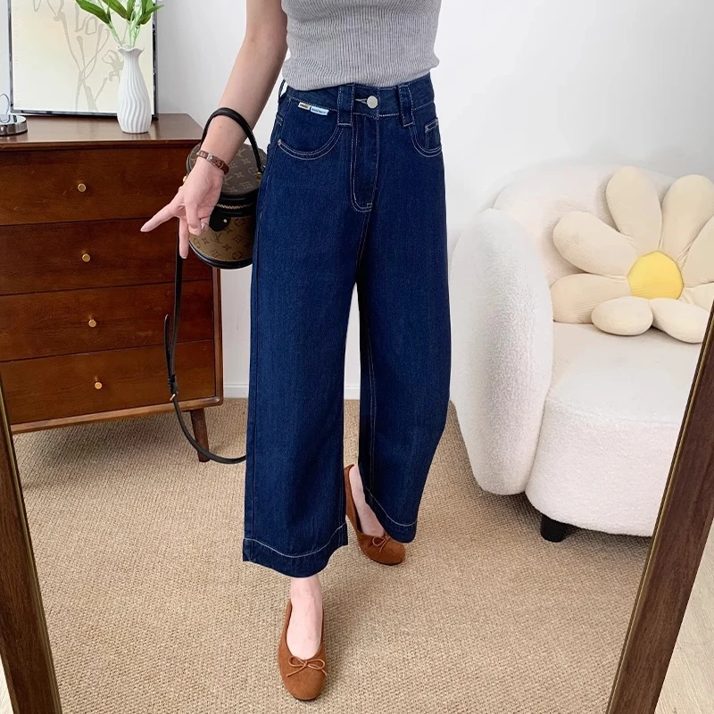 夏季薄款垂感小个子显瘦天丝女直筒牛仔裤大码胖mm九分窄版阔腿裤