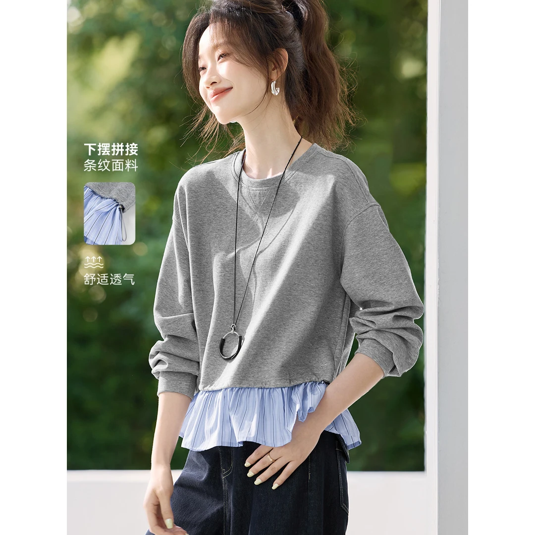 时尚拼接假两件收腰圆领卫衣女春秋季2025新款长袖休闲上衣设计感