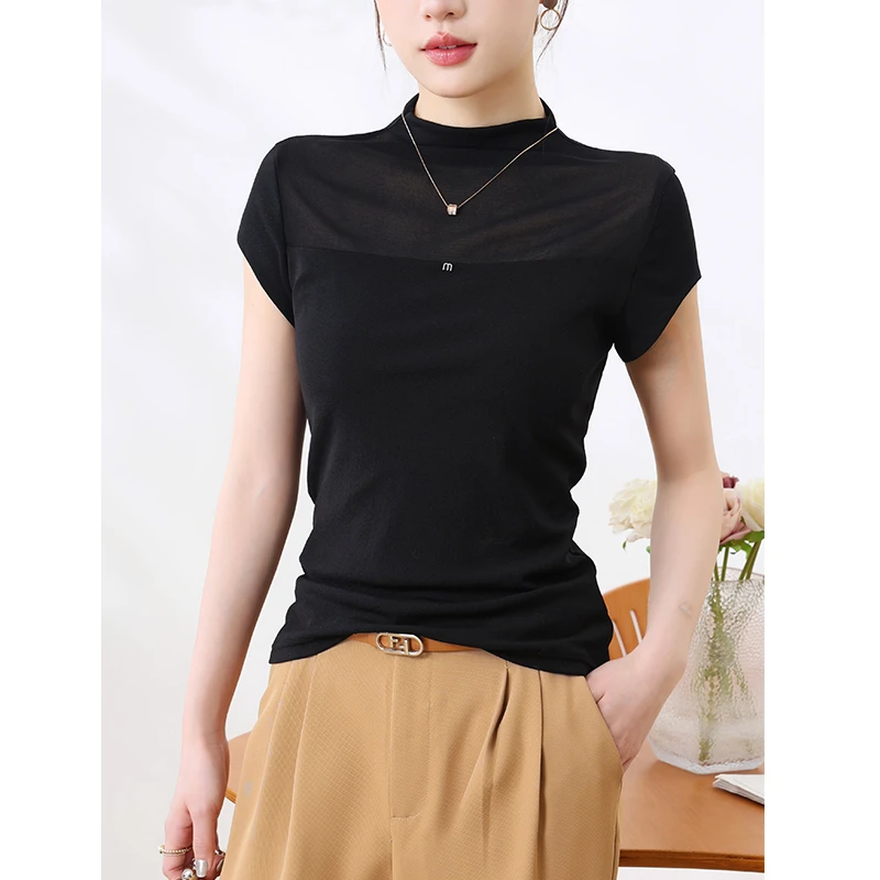 夏季短袖打底衫女显瘦气质拼接推推领T恤女士上衣 2601/AR
