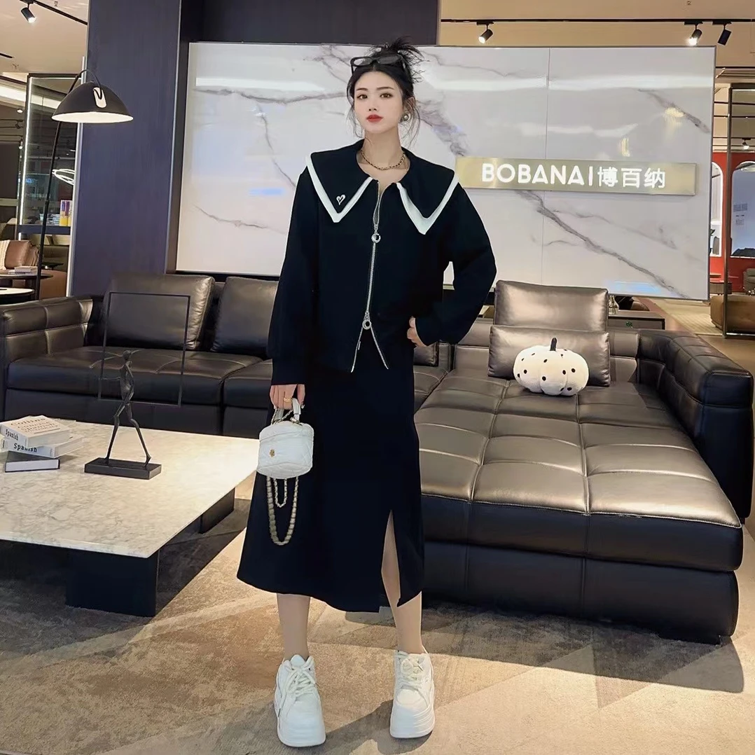 88266大码女装春季新款休闲减龄海军领半身裙套装（上衣+半裙）