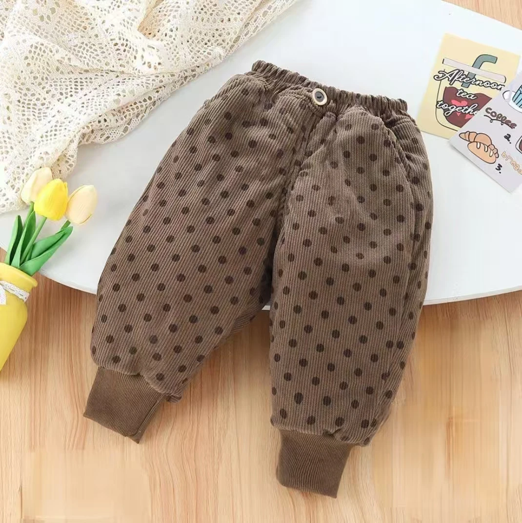 秋冬季高腰夹棉加厚波点儿童外穿裤子保暖休闲裤