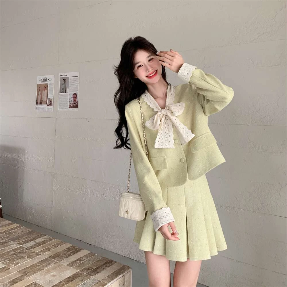 蝴蝶结西装套装女春秋2025新款百褶短裙两件套小香风穿搭减龄