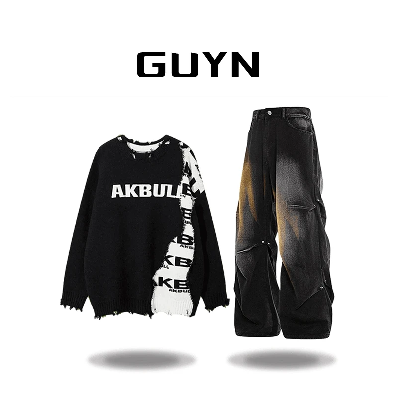 【品牌正品现货】GUYN美式字母拼接破洞毛衣男秋冬宽松慵懒风针织衫