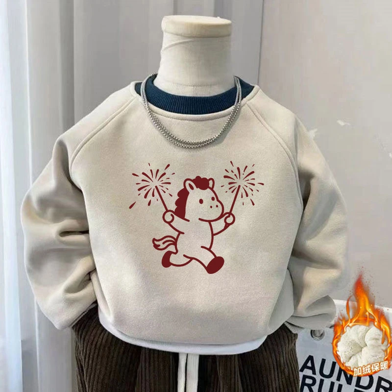 男女童宝宝秋冬加绒加厚新款韩范卫衣儿童套头趣味卡通上衣撞色款