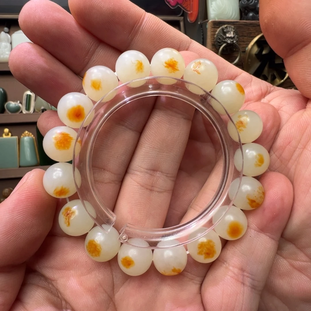 和田玉未镶嵌手串新疆暖白细肉颗颗黄沁油糕糕12mm手串