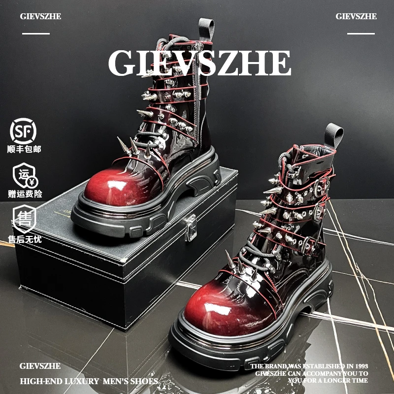 【朋克短靴】纪诗哲高帮马丁靴男款高级感痞帅铆钉时尚厚底亮皮男鞋