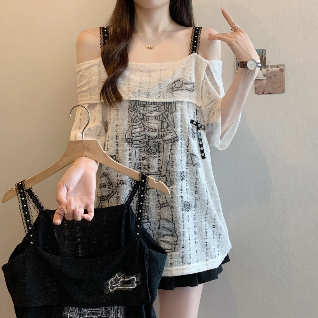 2025夏季新款一字肩蕾丝吊带短袖T恤宽松显瘦印花上衣