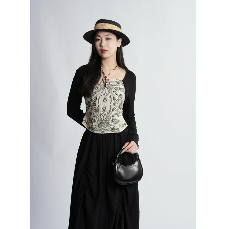 西町村屋复古印花撞色小衫女夏季新款气质长袖百搭上衣XAAB10031