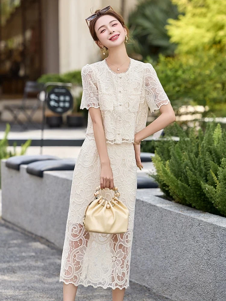 小香风蕾丝套装裙女2025夏季新款轻奢高级感气质名媛半身裙两件套