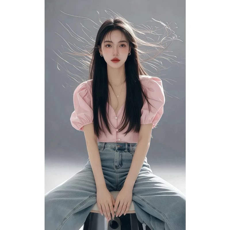 2025新款爆款小衫茶里茶气独特别致上衣马卡龙粉色泡泡袖v领衬衫
