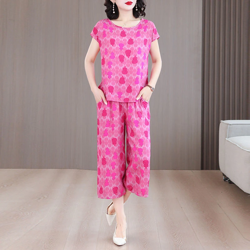 棉绸短袖套装女夏装时尚可外穿休闲宽松显瘦人造棉两件套洋气夏季