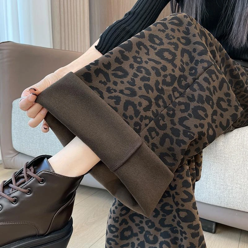 加绒毛呢裤子女款阔腿裤女新品秋冬款豹纹加厚休闲裤拖地长裤