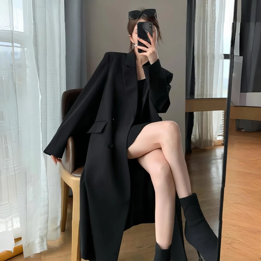 新品赫本风黑色风衣外套女中长款大衣英伦风休闲宽松显瘦西装风衣