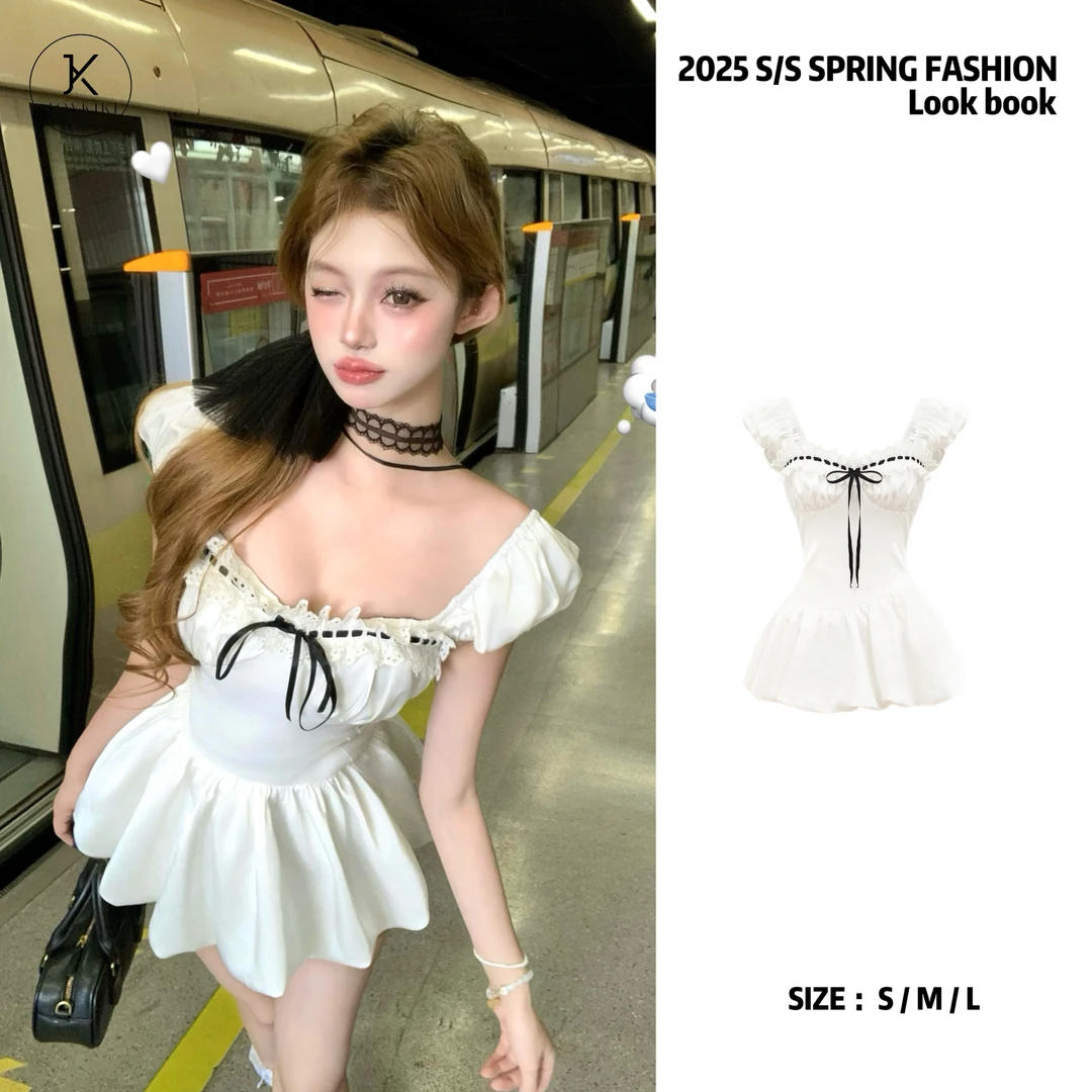 JOY KIKI鹅了么【丝缎梦境】夏季纯欲气质蝴蝶结蕾丝连衣裙J25B255