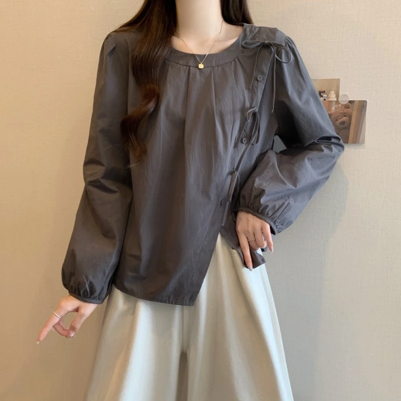 韩系高级蝴蝶结长袖衬衫女早秋2025新款大码胖mm独特圆领衬衣上衣